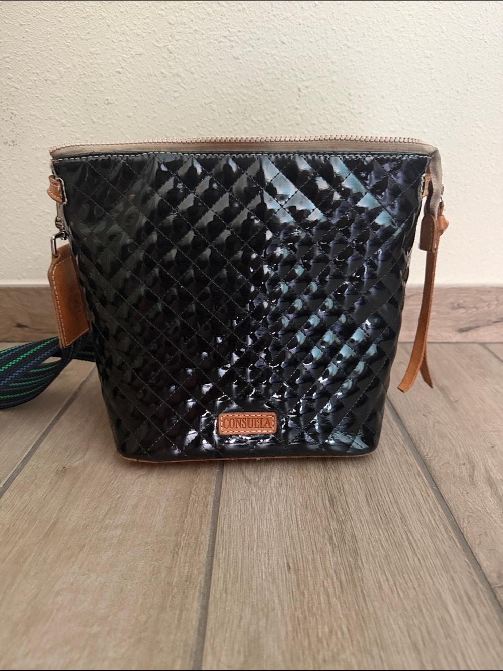 Consuela Black Quilted Crossbody with Tan Leather Accents